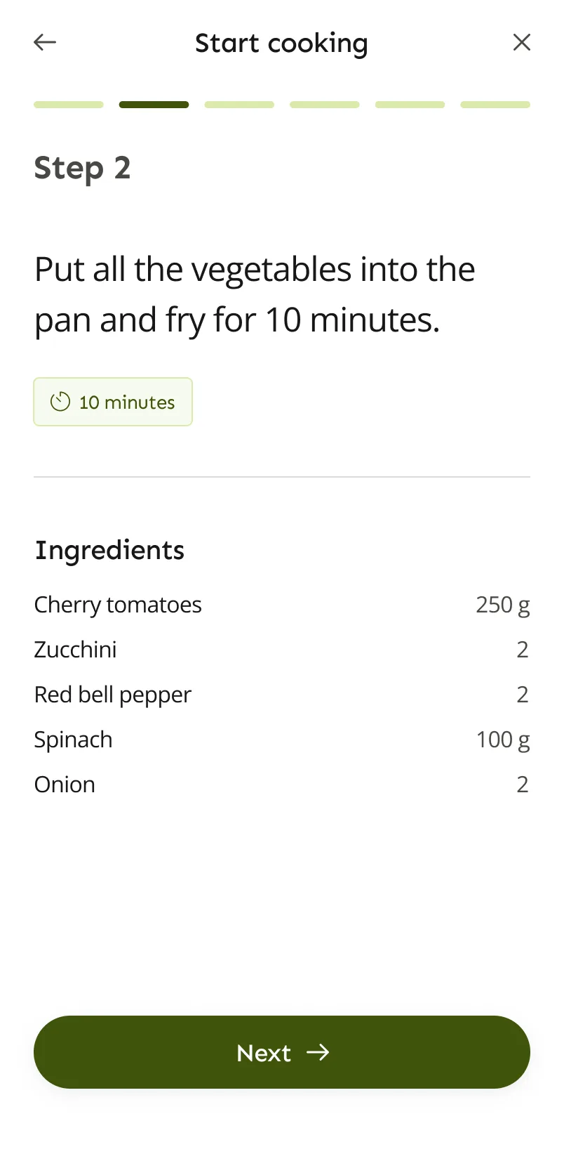 LazyMeals madlavning trin for trin, der viser trin 2 med en timer på 10 minutter og ingredienserne til trinnet