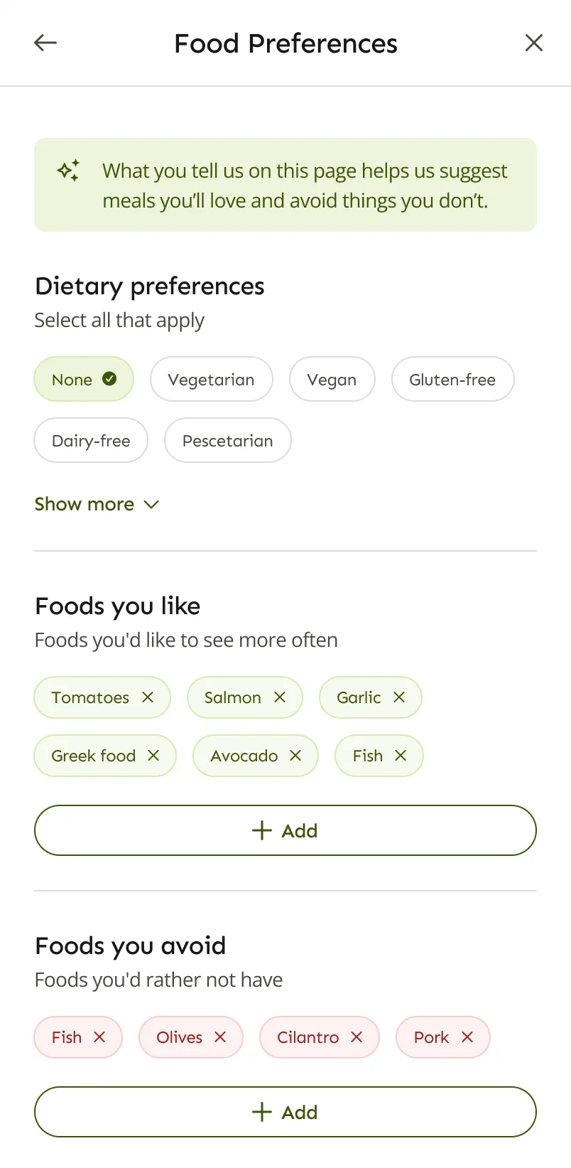 LazyMeals madpræferencer med kostvalg, mad du kan lide, og mad du undgår
