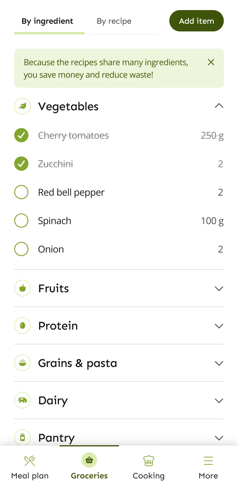 LazyMeals indkøbsliste sorteret i kategorier, med nogle varer krydset af
