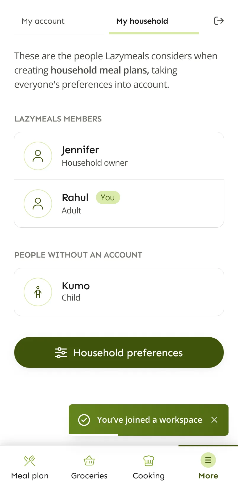 LazyMeals husstandsvisning med de personer, madplanerne laves til, inklusive et barn uden konto