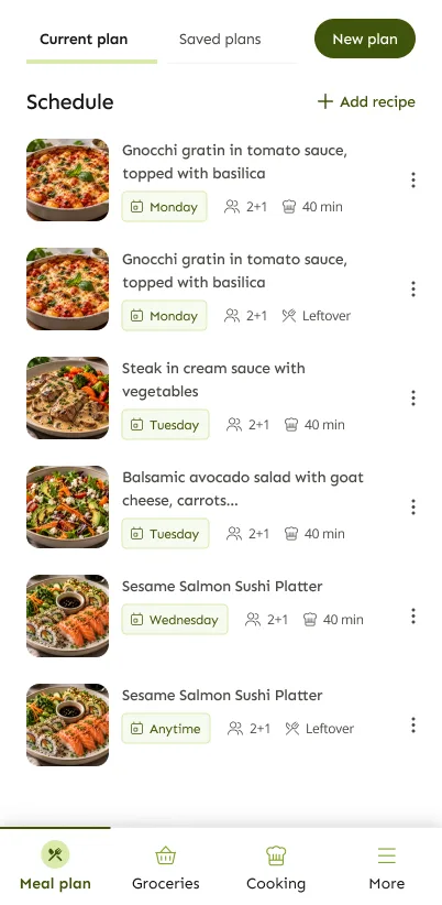 LazyMeals ugeplan med aftensmad for hver dag, inklusive planlagte rester