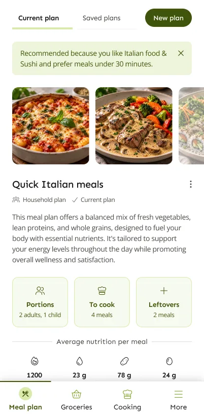 LazyMeals madplan for husstanden, kaldet Quick Italian meals, med portioner til 2 voksne og 1 barn og en forklaring på, hvorfor planen blev anbefalet