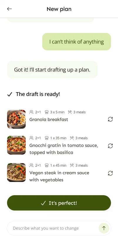 LazyMeals chat til ny plan med et udkast med tre opskrifter, hver med en byt-knap, og et felt til at beskrive ændringer