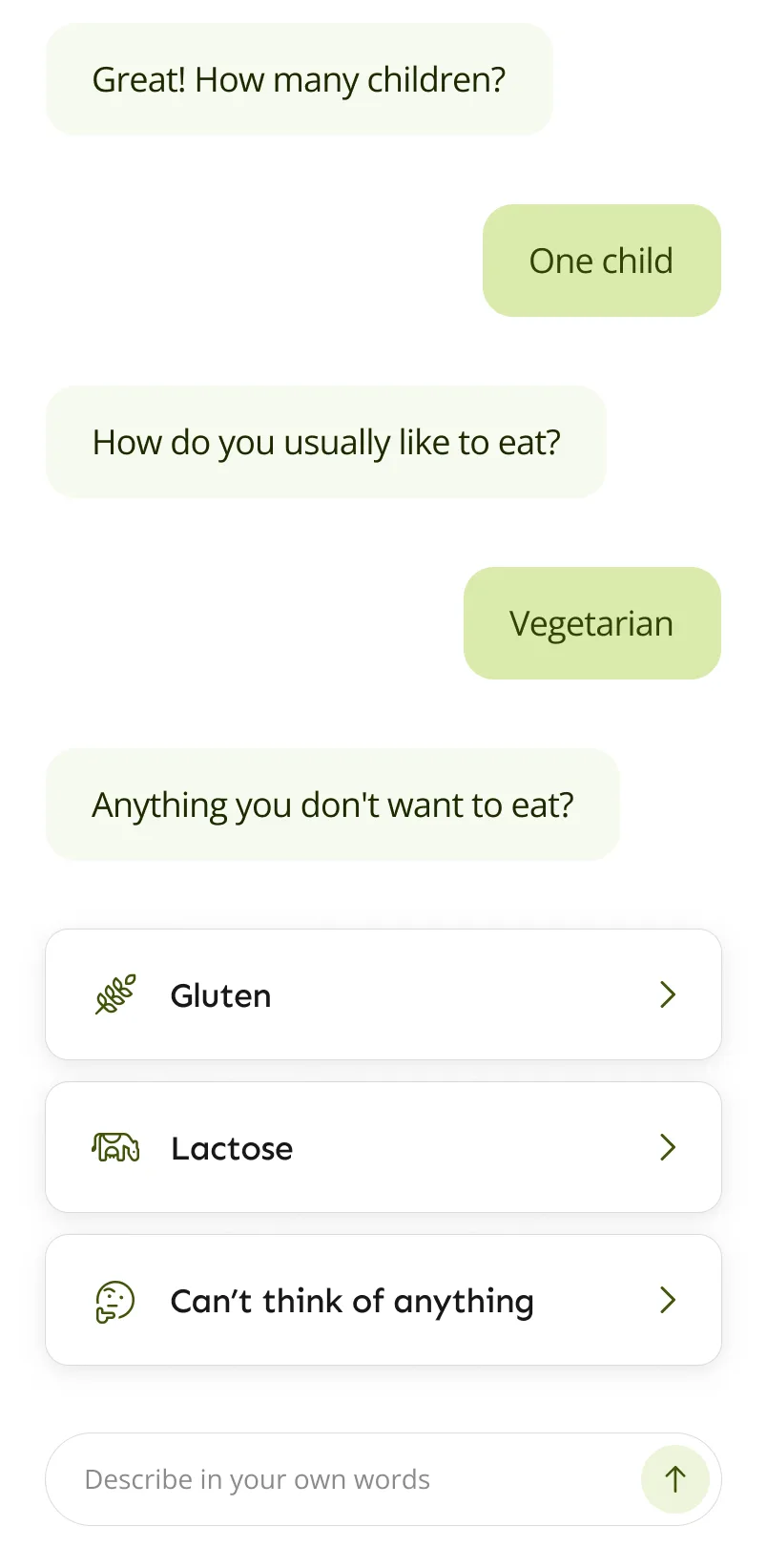 LazyMeals introduktionschat, der spørger om husstanden og mad, der skal undgås